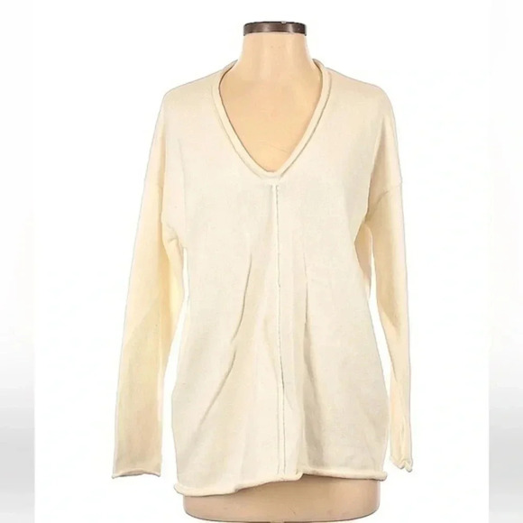 BCBGMAXAZRIA | Roll Trim Cotton V-Neck Ivory Pullover Sweater Size XS - Picture 3 of 7